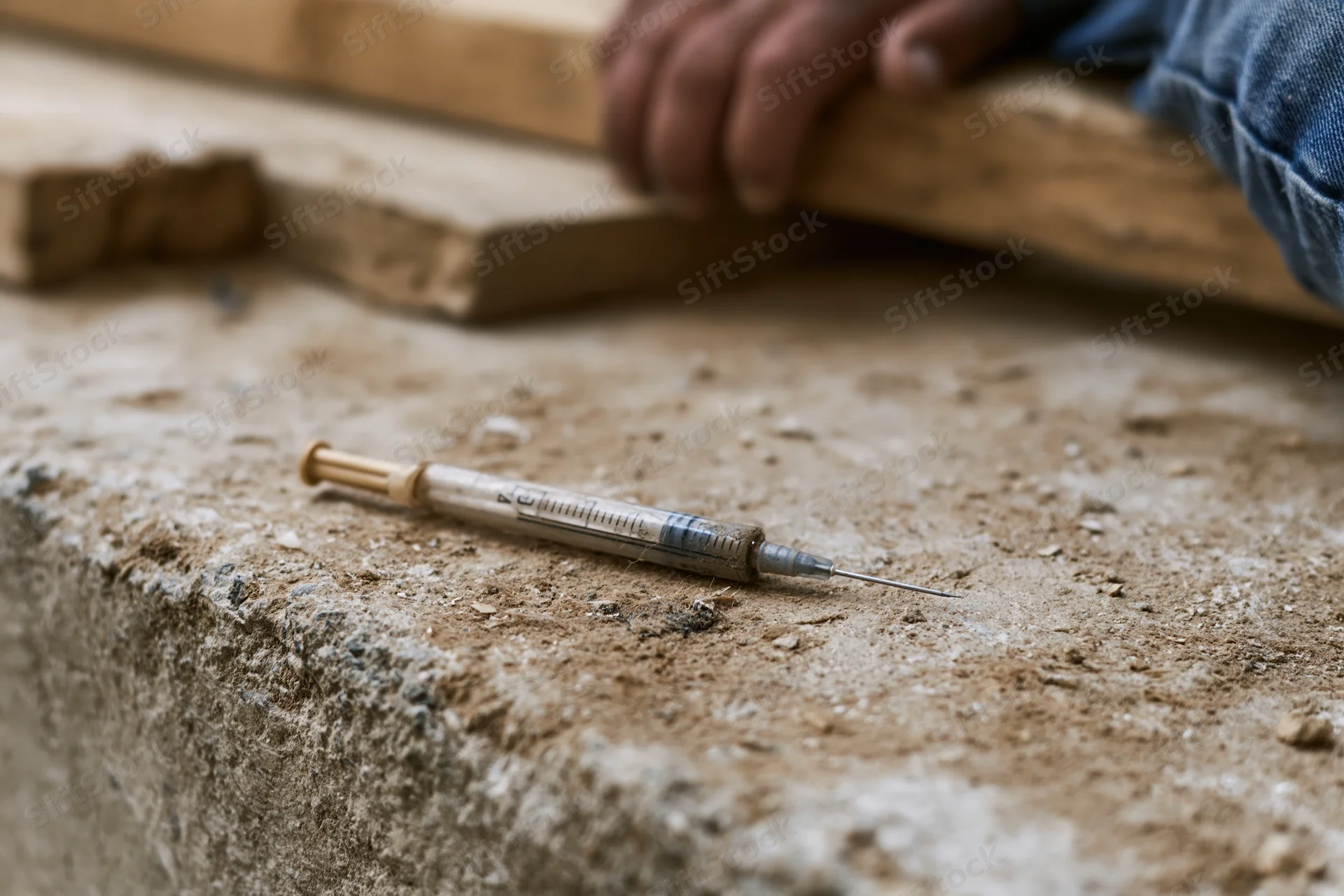 Used hypodermic syringe lying on dirty concrete step near construction wood and worker's hand
