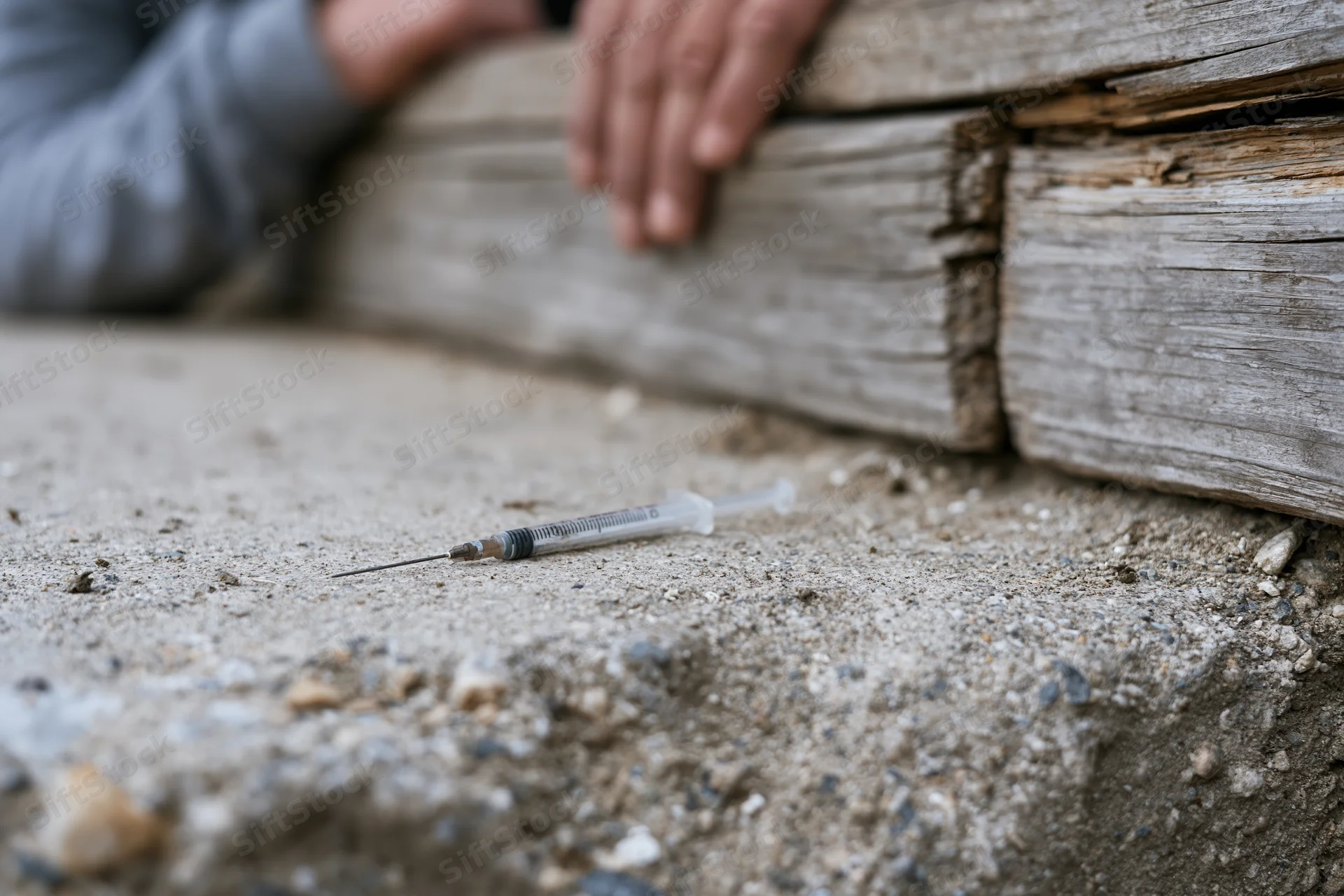 Used syringe lying on a dirty concrete step near a person's hand resting on wooden planks