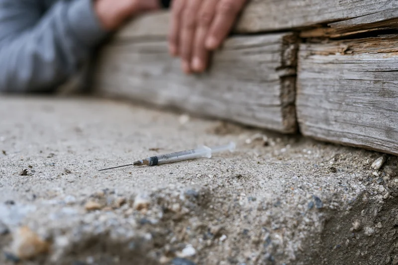 Used syringe lying on a dirty concrete step near a person's hand resting on wooden planks