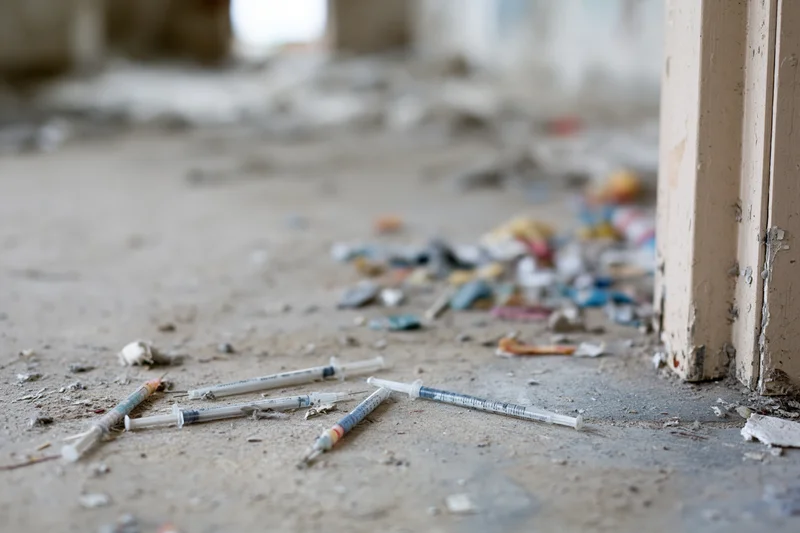 Used syringes and drug paraphernalia scattered on a dirty concrete floor in an abandoned building
