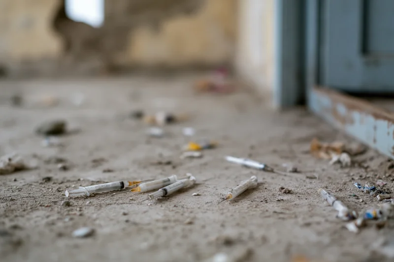 Discarded syringes and drug paraphernalia scattered on a dirty concrete floor in an abandoned building