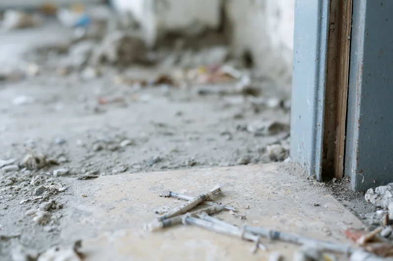 Used syringes and drug paraphernalia scattered on a dirty concrete floor near a door frame