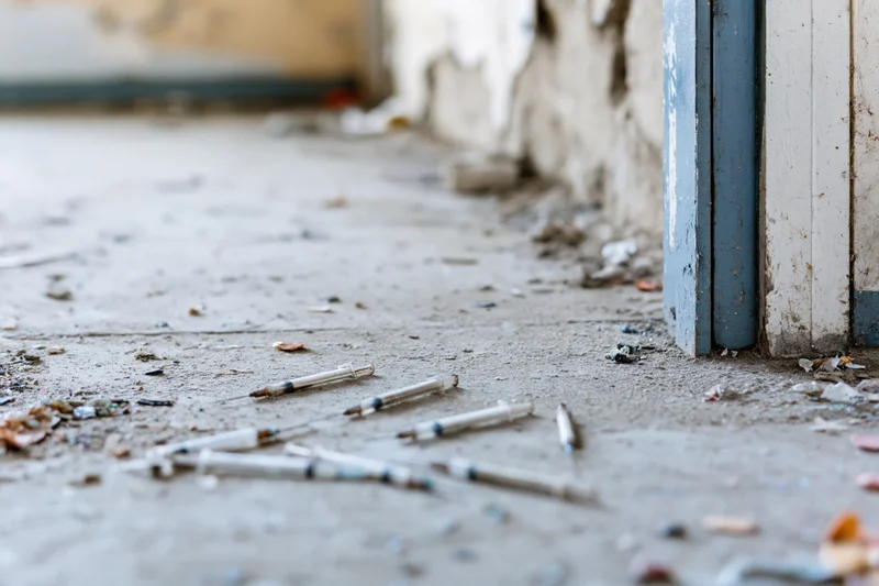 Abandoned Corridor with Syringes and Debris under a Weathered Doorway
