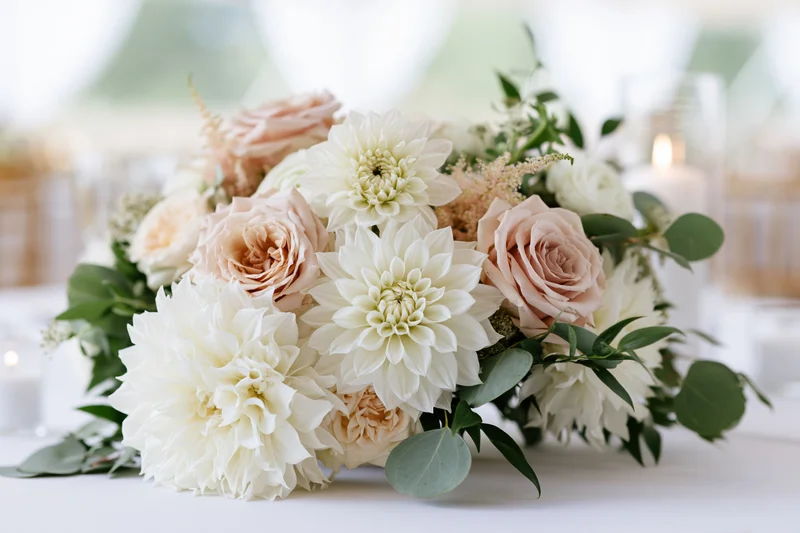 Wedding centerpiece of white dahlias and blush garden roses on a table with greenery and candles