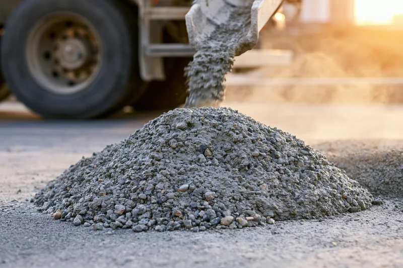 Wet concrete pouring from a cement mixer chute onto a road surface