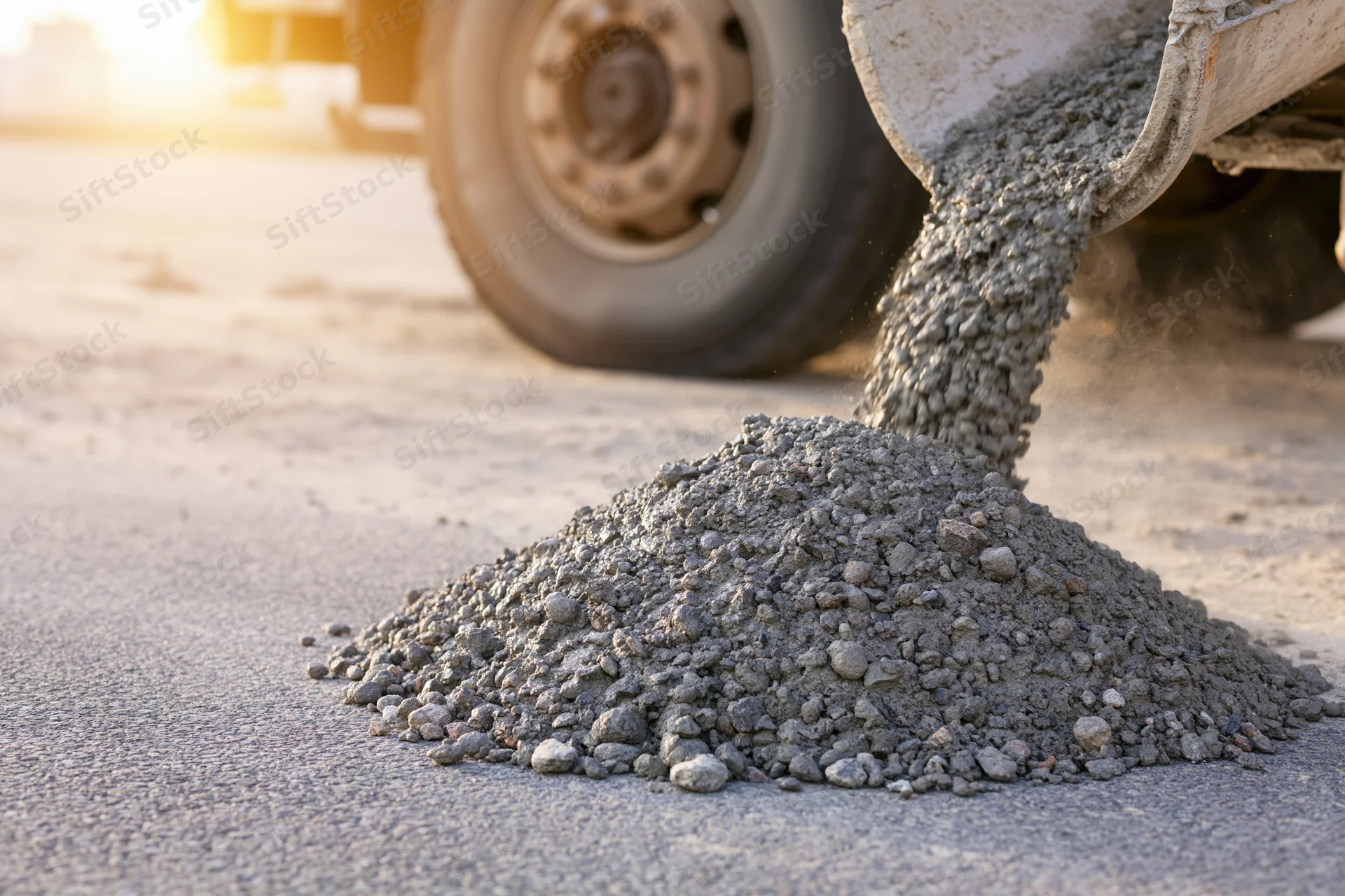Wet concrete pouring from a cement mixer chute onto a road surface