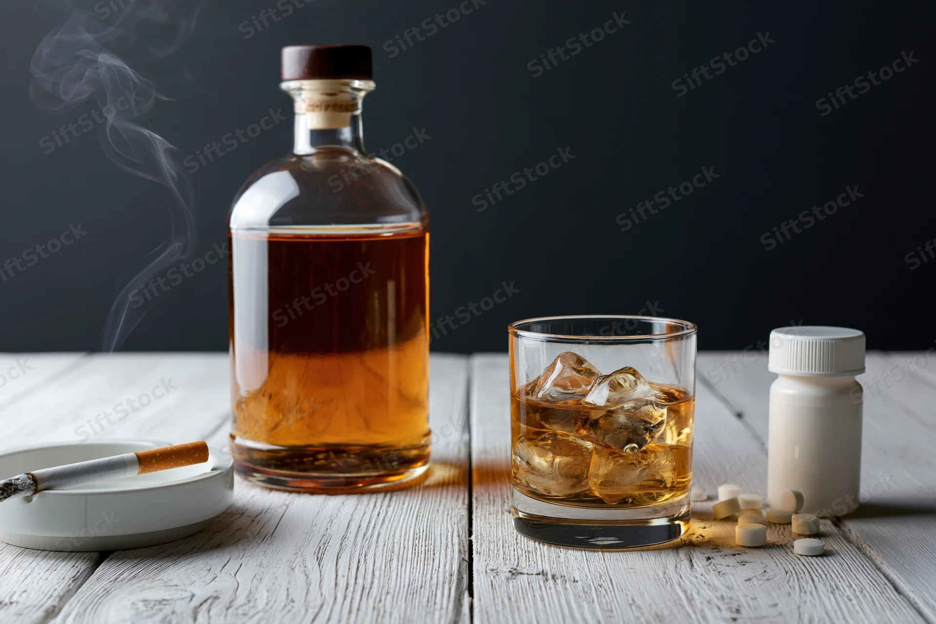Whiskey bottle and glass with ice on a white wooden table beside a smoking cigarette, pills, and a medication bottle