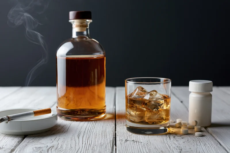 Whiskey bottle and glass with ice on a white wooden table beside a smoking cigarette, pills, and a medication bottle