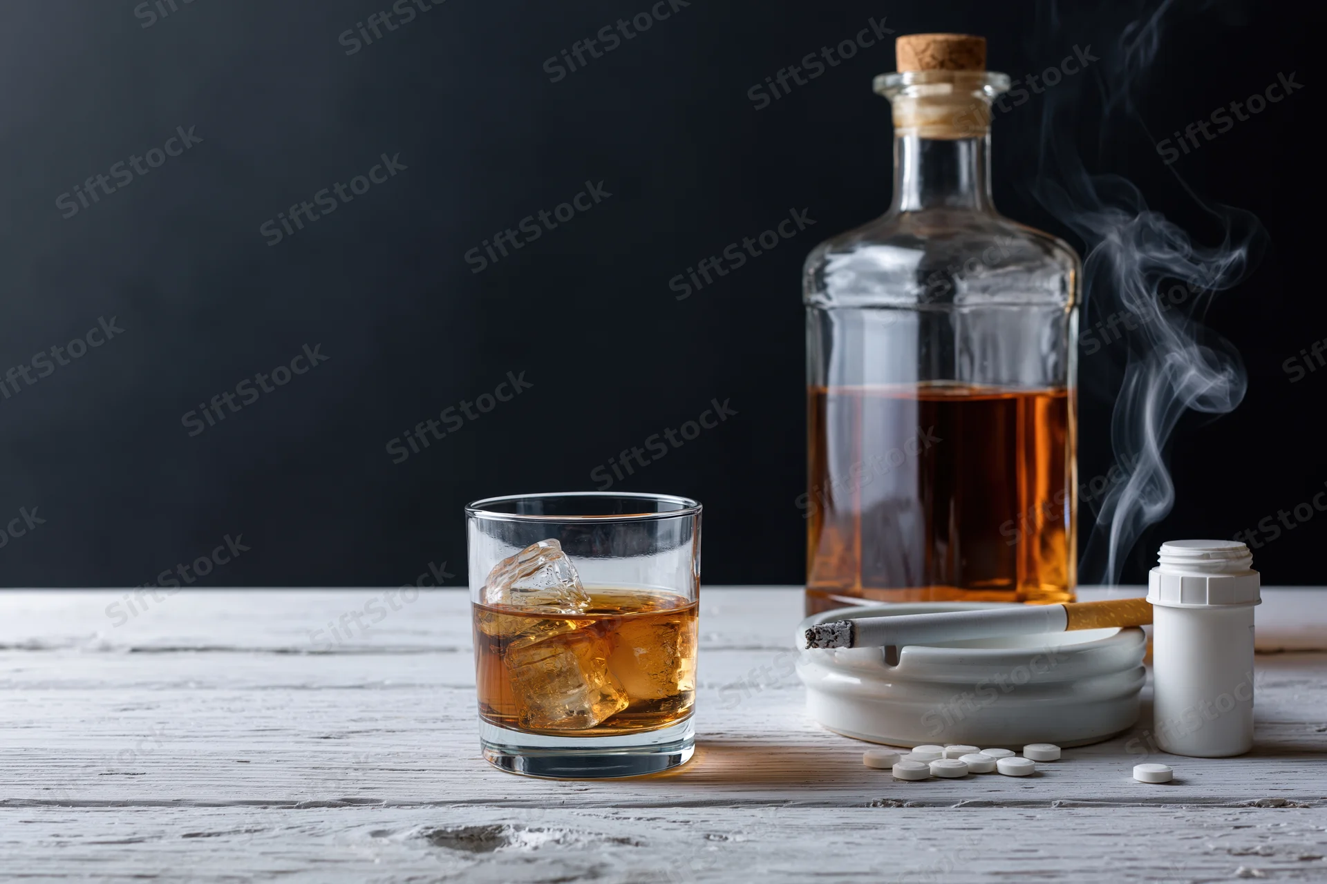 Whiskey glass with ice and bottle on white wooden table beside cigar, ashtray and pills