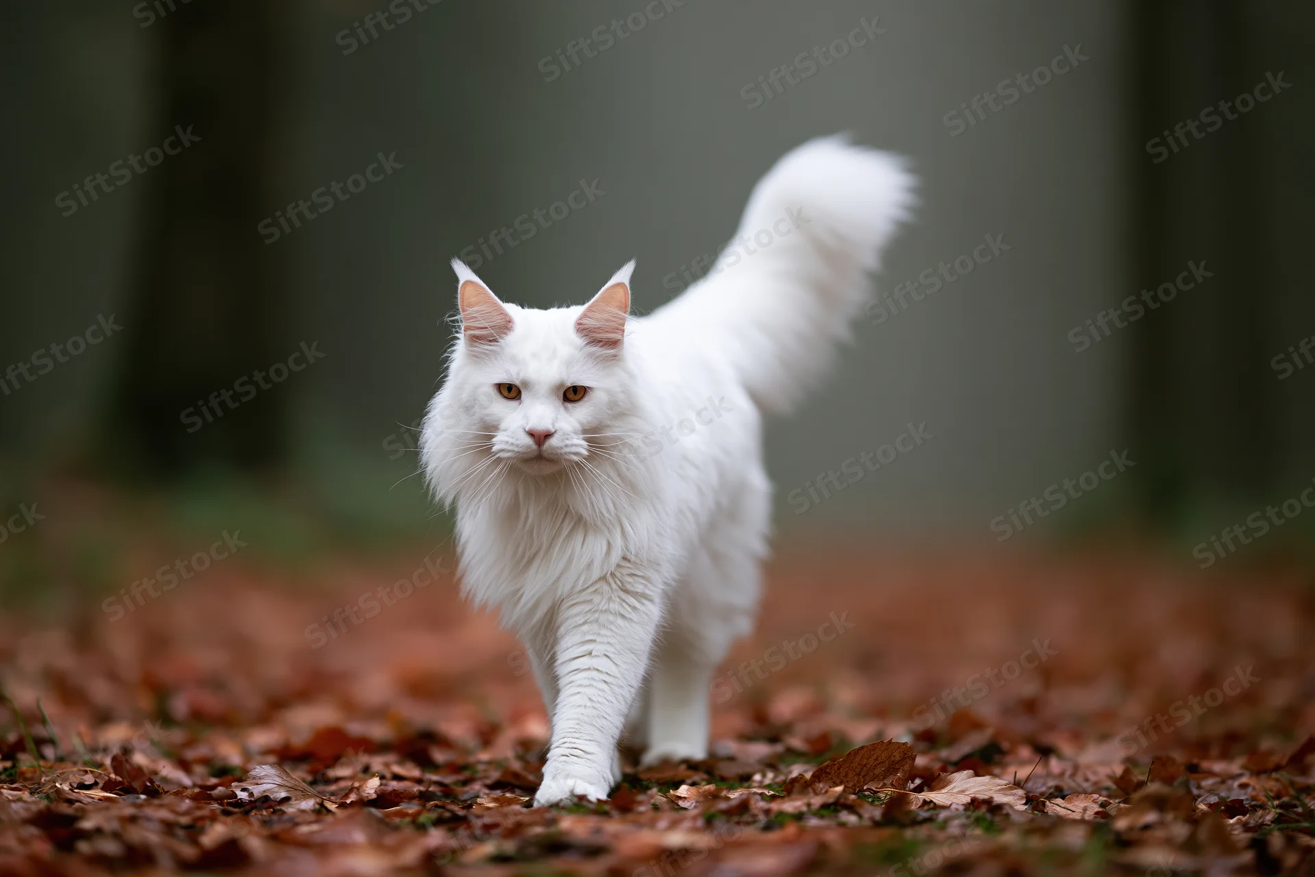 White maine coon cat walking toward camera on forest floor covered in autumn leaves