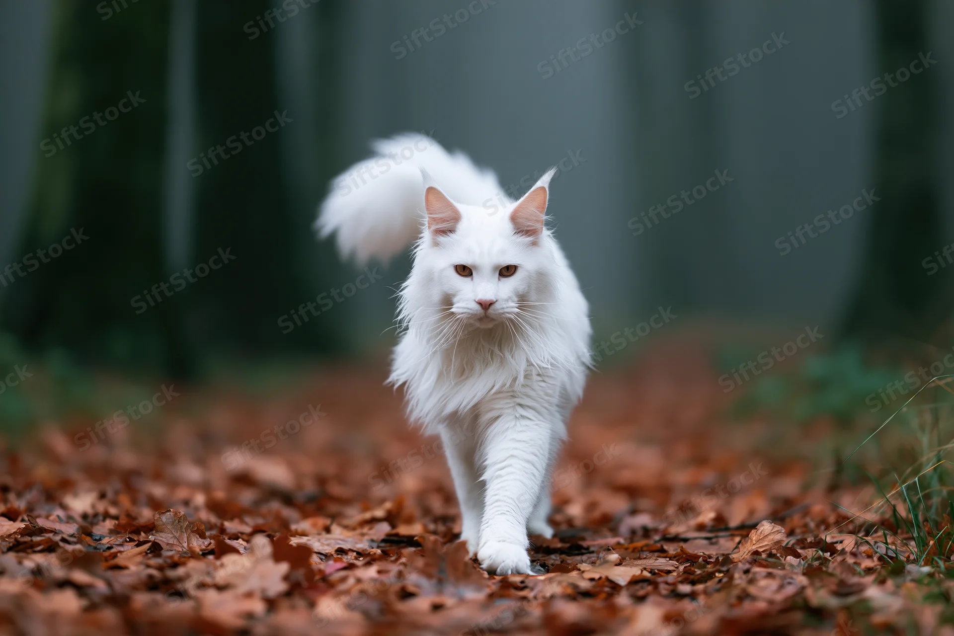 White maine coon cat walking toward camera on forest floor covered in autumn leaves