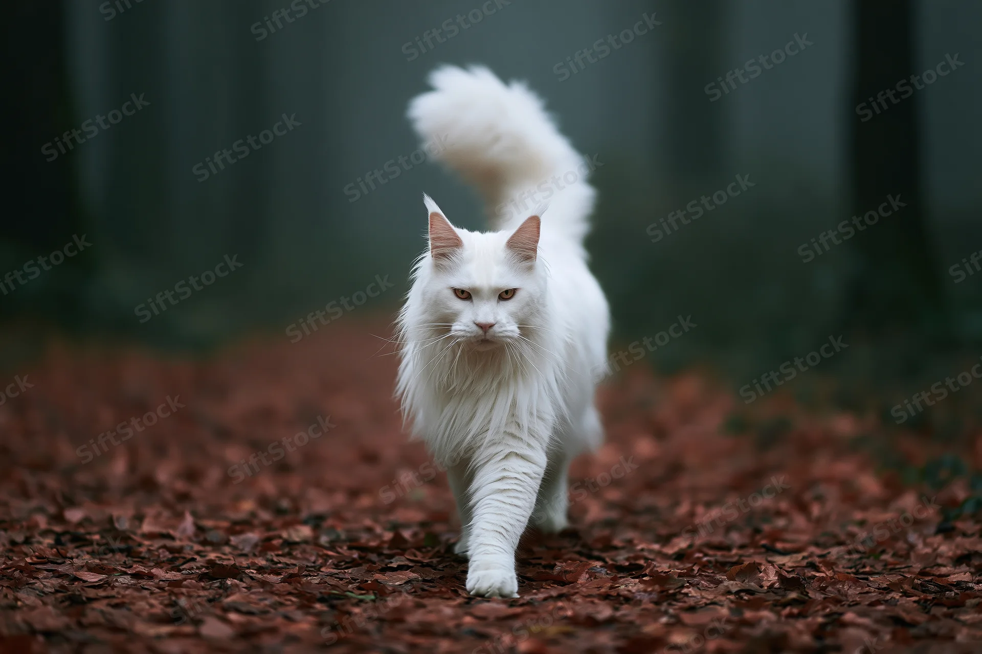 White maine coon cat walking toward camera on forest floor covered in autumn leaves