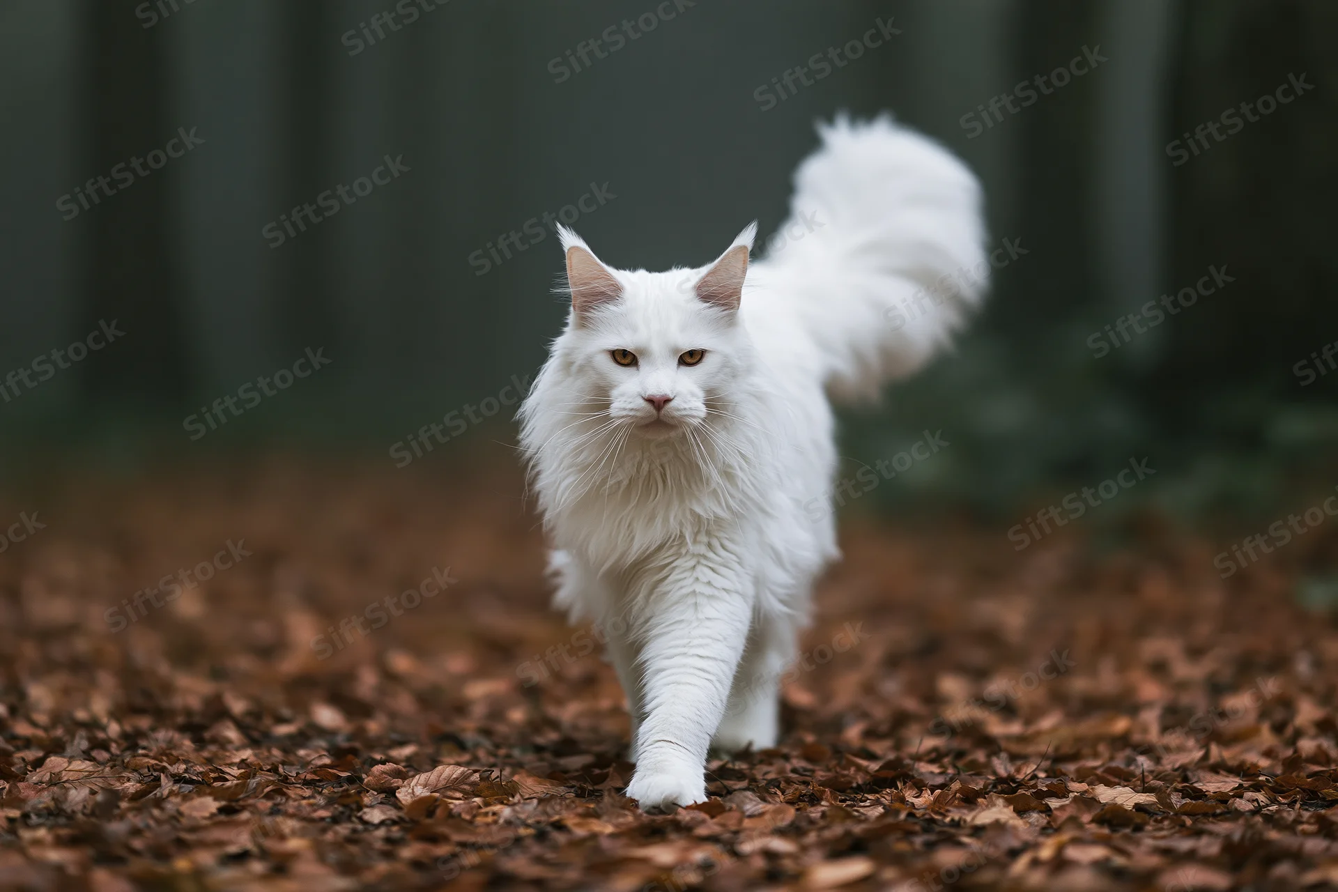 White maine coon cat walking toward camera on forest floor covered in autumn leaves