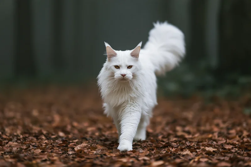 White maine coon cat walking toward camera on forest floor covered in autumn leaves