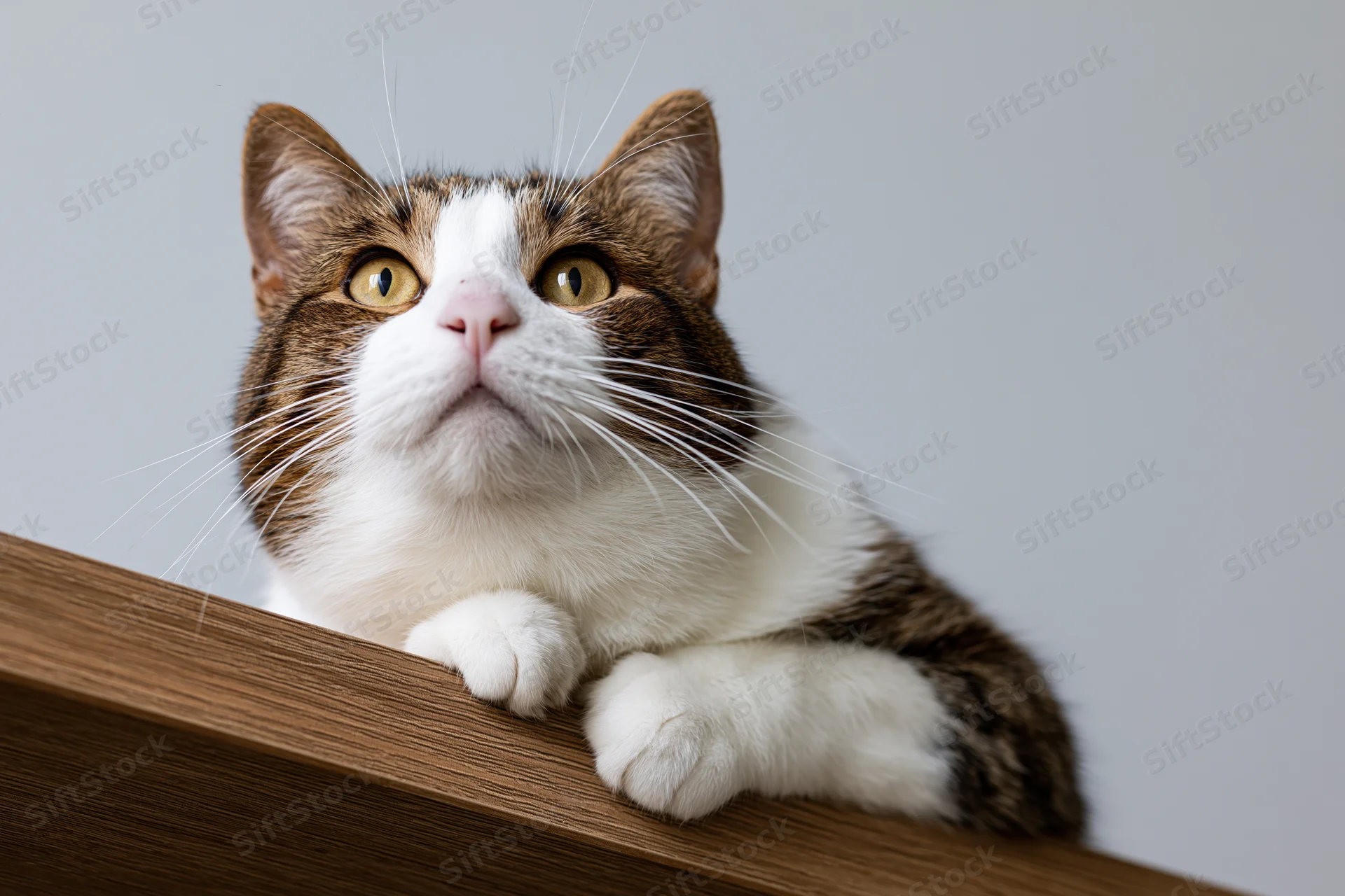 Tabby cat resting chin and paws on wooden surface, looking upward with alert eyes