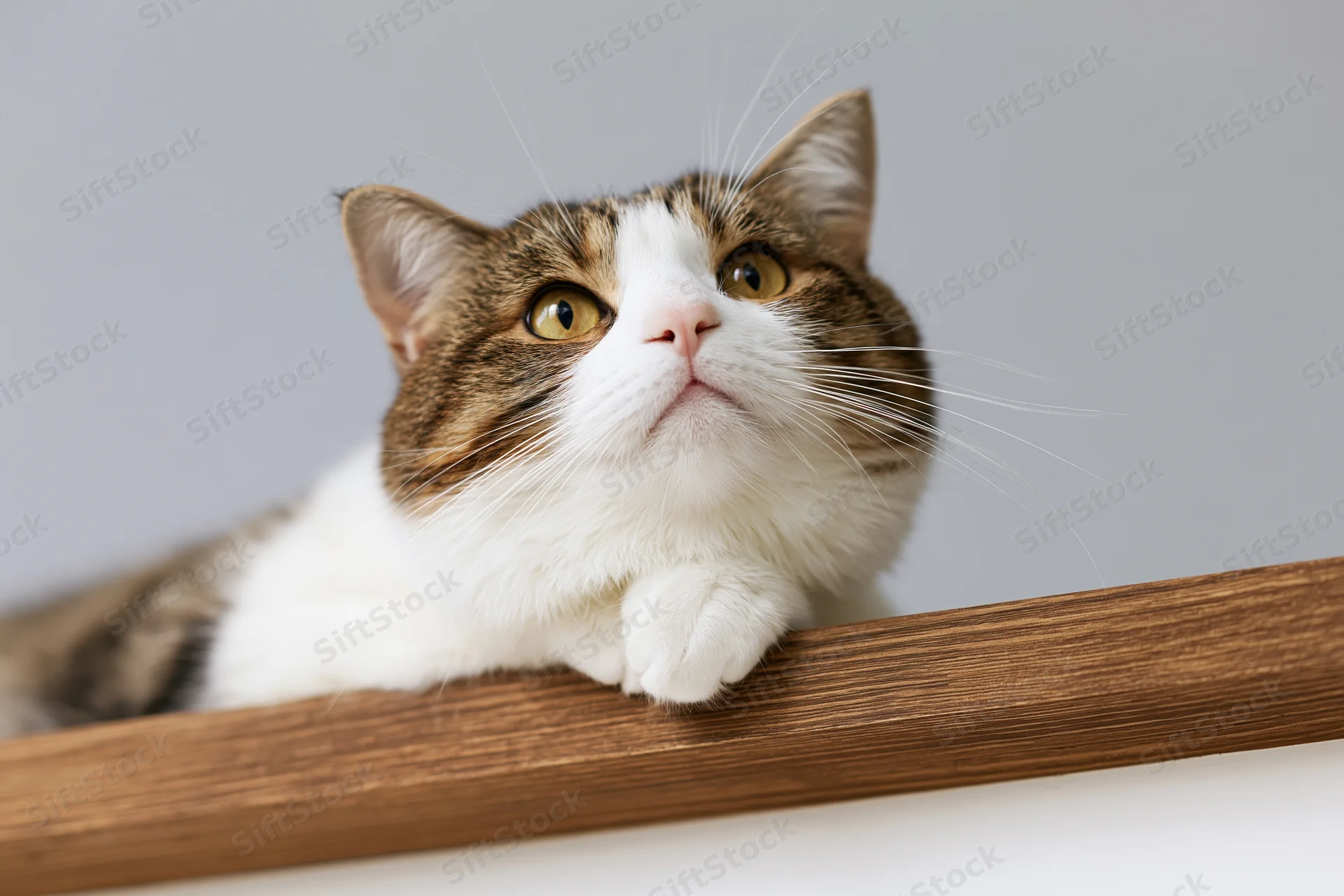 Tabby cat resting its chin and paws on a wooden surface indoors