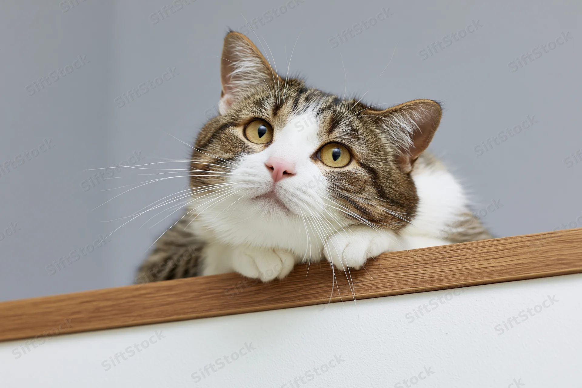 Tabby cat resting chin and paws on wooden shelf indoors