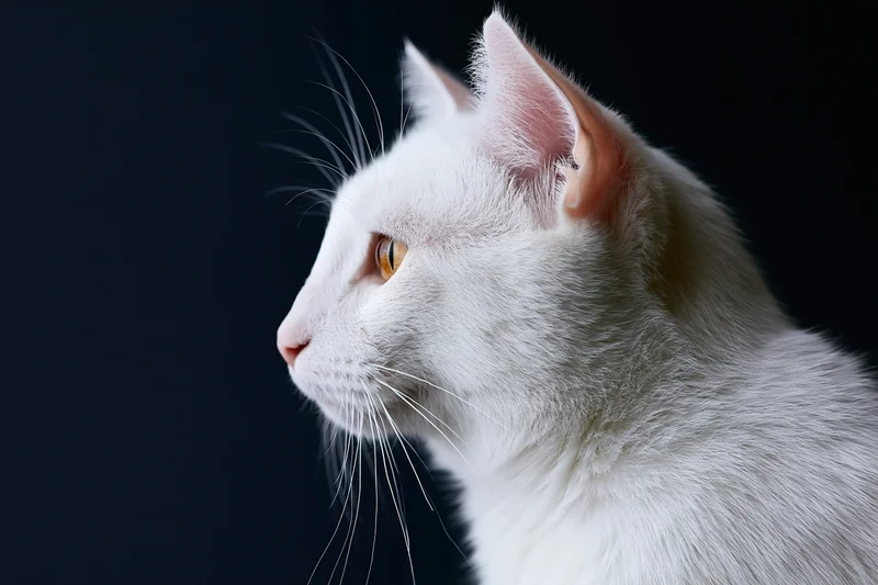 White cat in side profile looking left against dark background