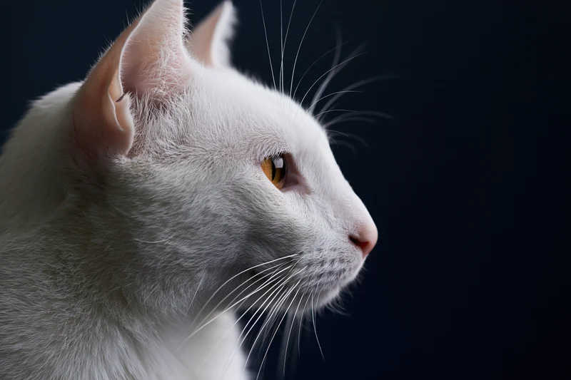 White cat in side profile looking left against dark background