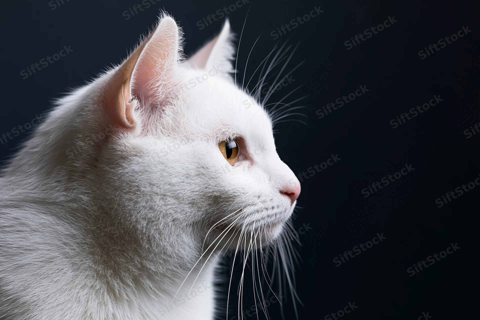 White cat in side profile close-up against dark background