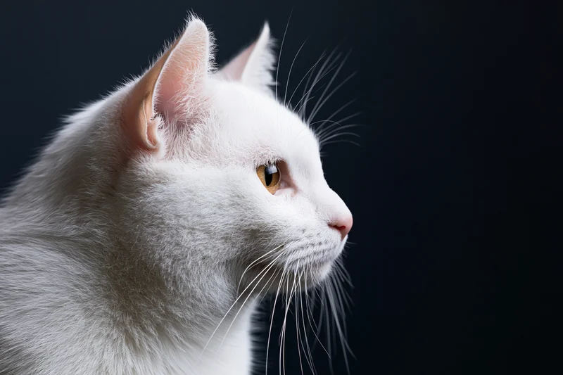 White cat in side profile close-up against dark background