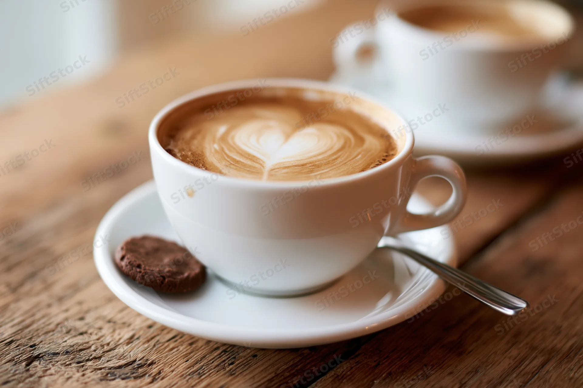 White ceramic cappuccino cup with heart-shaped latte art on wooden table