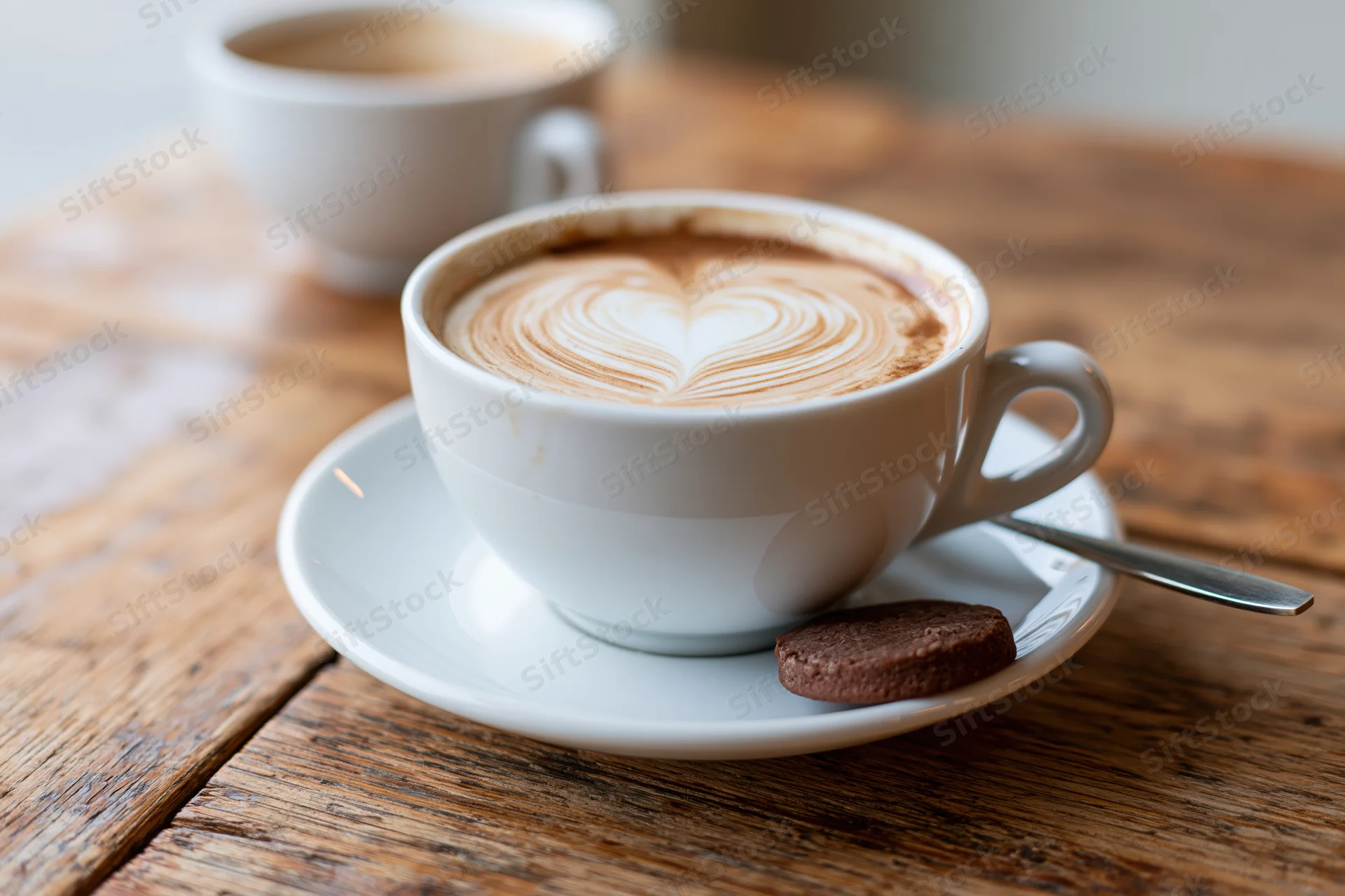White ceramic cappuccino cup with heart-shaped latte art on wooden table with cookie and spoon