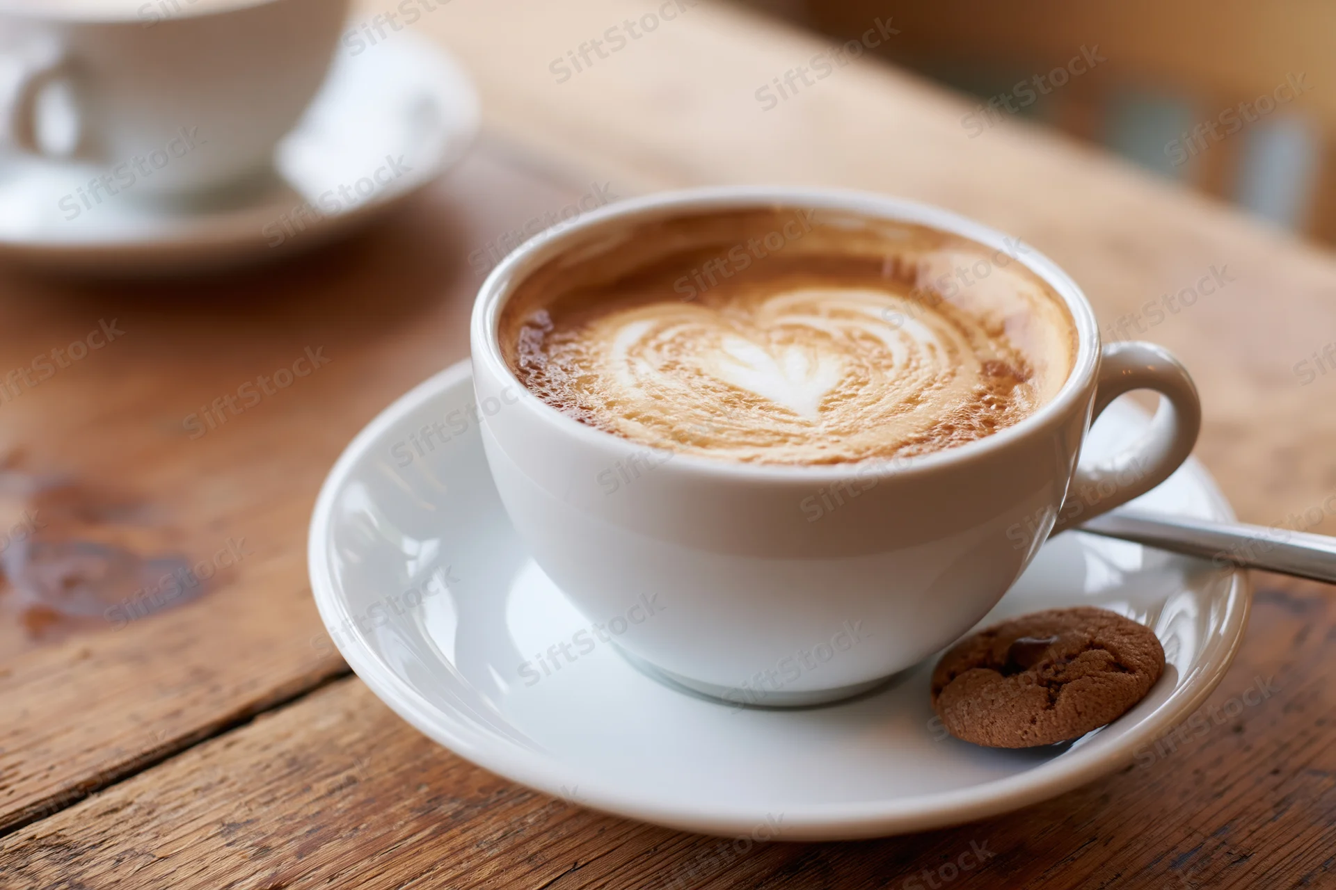 Cappuccino with heart-shaped latte art in a white ceramic cup on a wooden table with a cookie and spoon