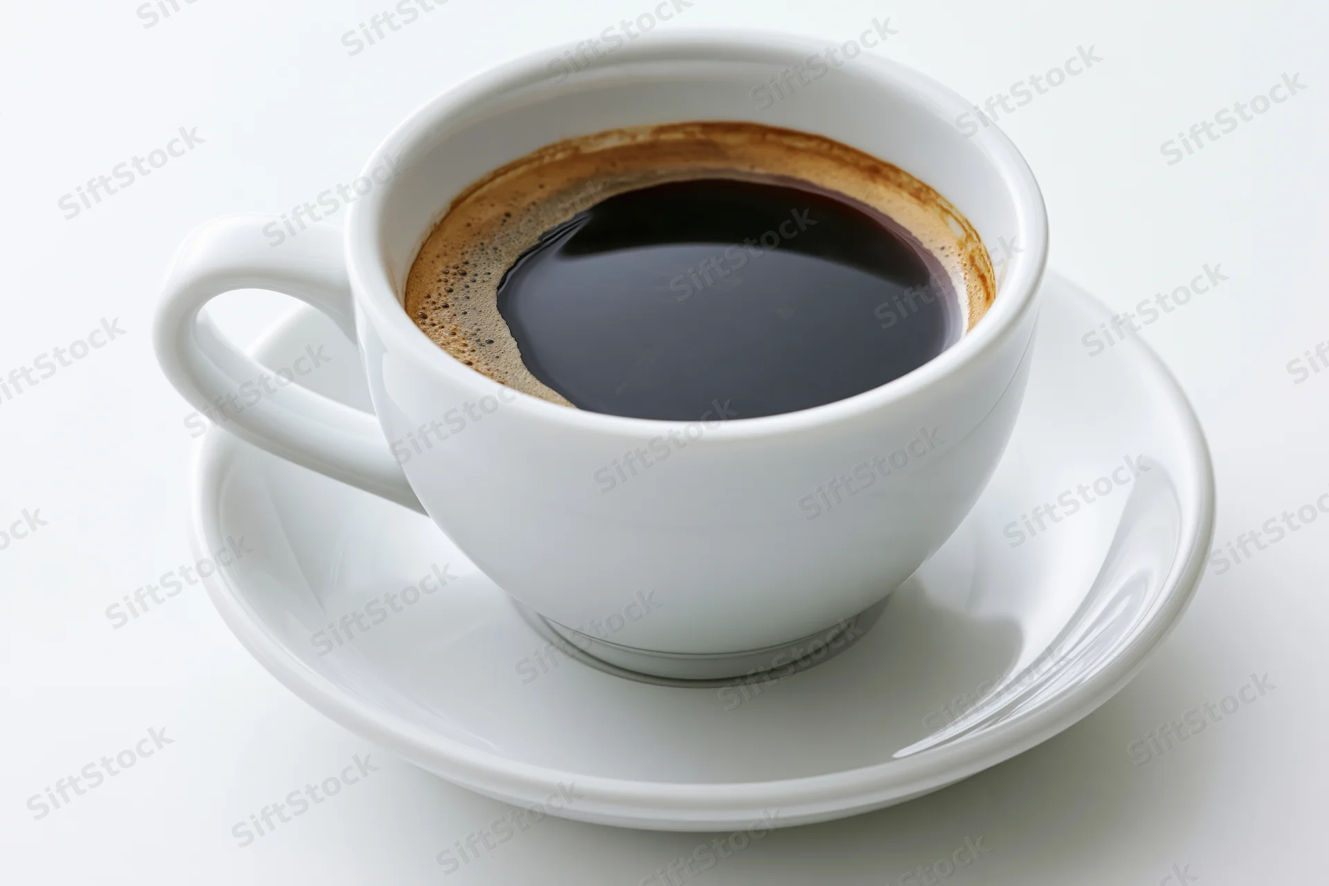 White ceramic coffee cup filled with black coffee and foam on a saucer against a plain white background