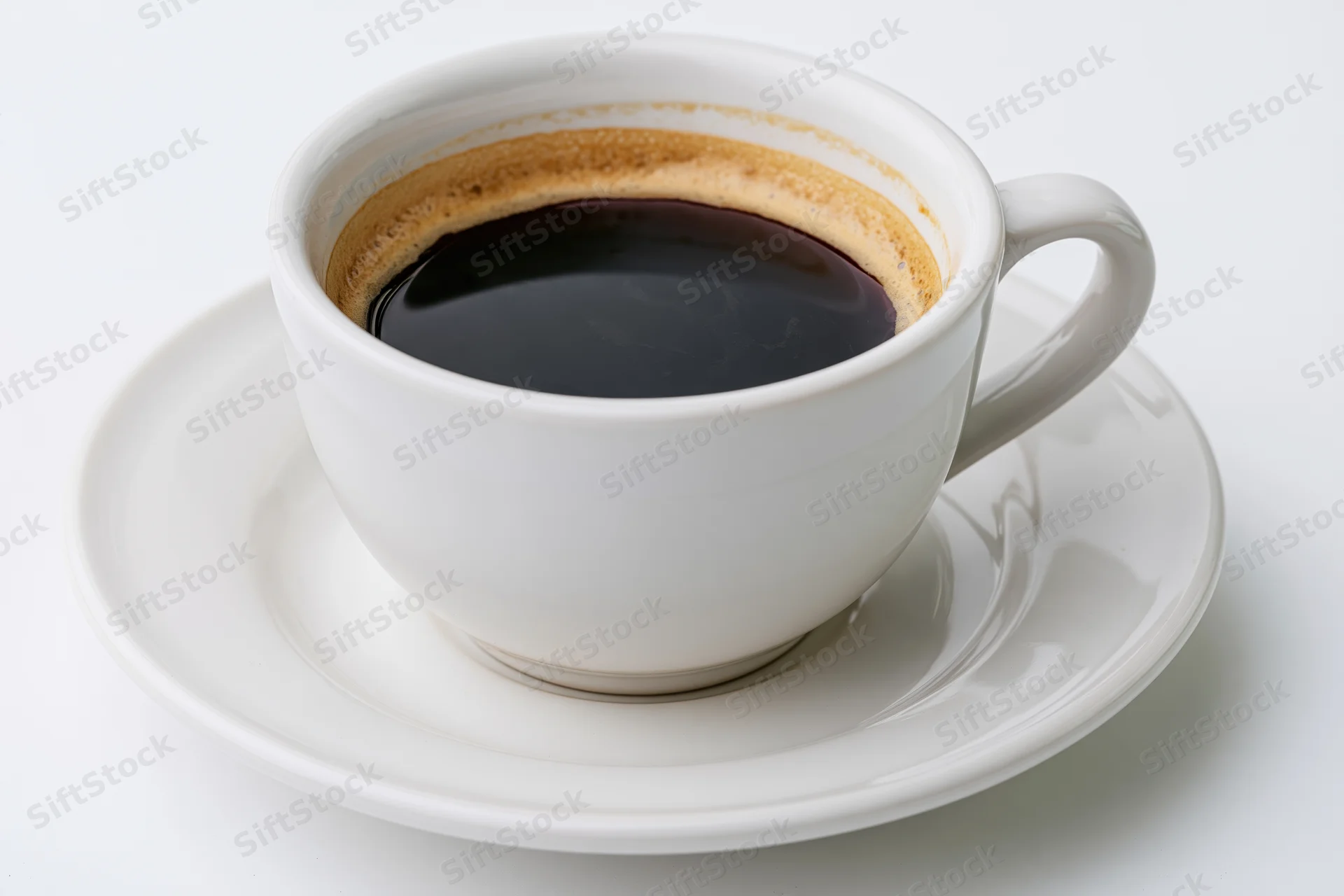 White ceramic coffee cup filled with black coffee on a matching saucer against a plain white background