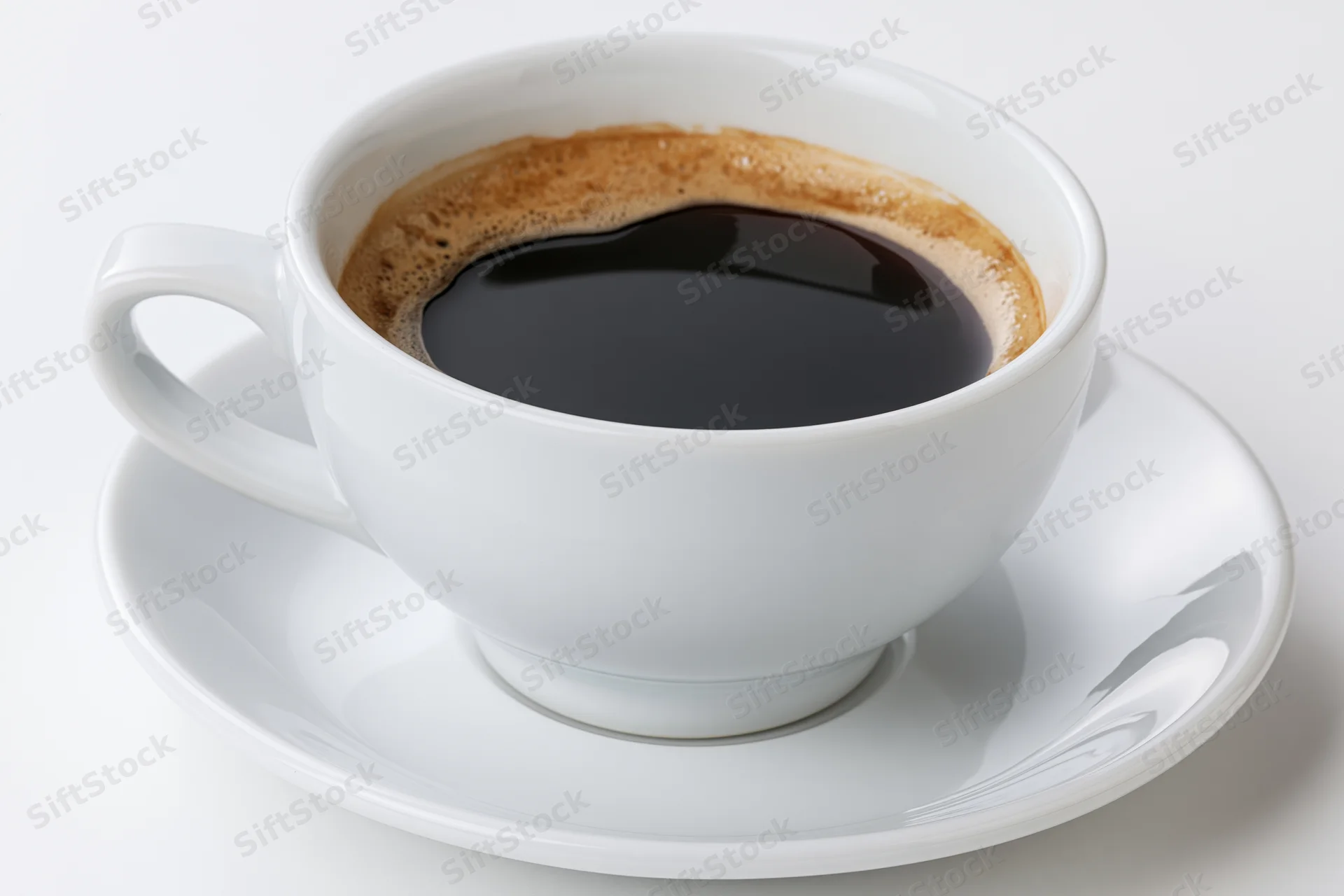 White ceramic coffee cup filled with black coffee and foam on a matching saucer against a plain white background