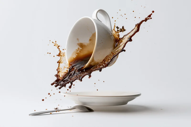 White ceramic coffee cup falling midair with dark liquid splashing around it over a saucer and spoon on a plain surface