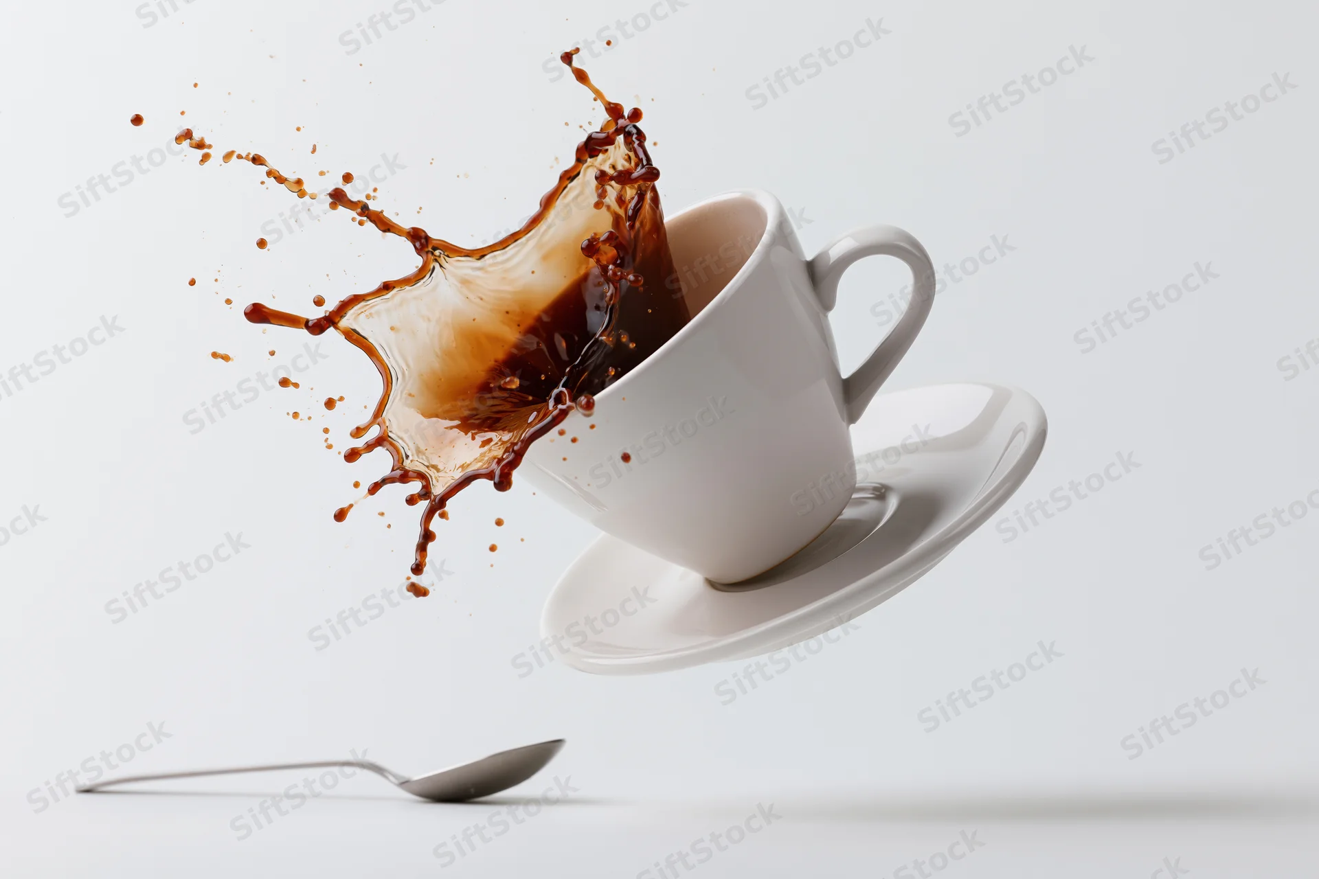 White ceramic coffee cup mid-fall with dark liquid splashing out, saucer and spoon on plain surface
