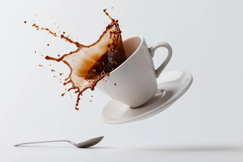 White ceramic coffee cup mid-fall with dark liquid splashing out, saucer and spoon on plain surface