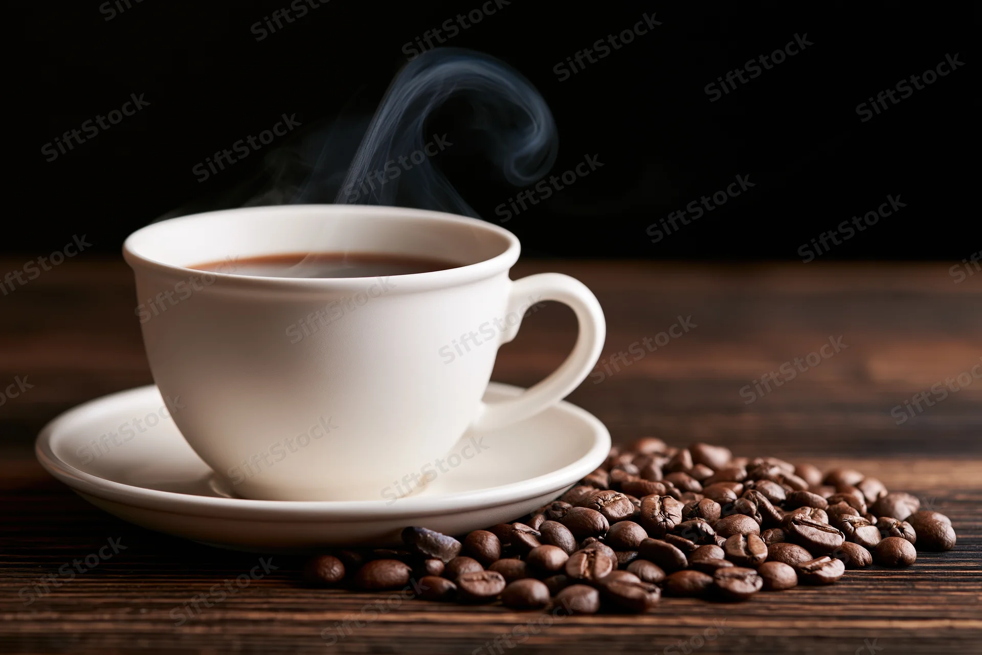White ceramic coffee cup with steam rising on saucer beside roasted beans on dark wooden table