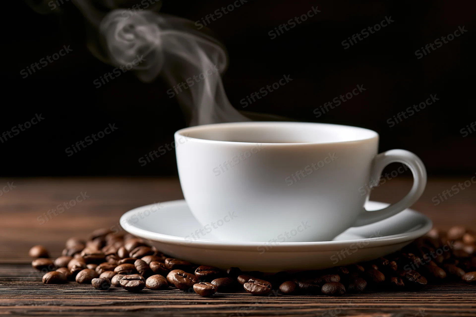 White ceramic coffee cup with rising steam on saucer surrounded by coffee beans on dark wooden table