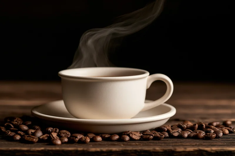 White ceramic coffee cup with rising steam on saucer surrounded by roasted beans on dark wooden table
