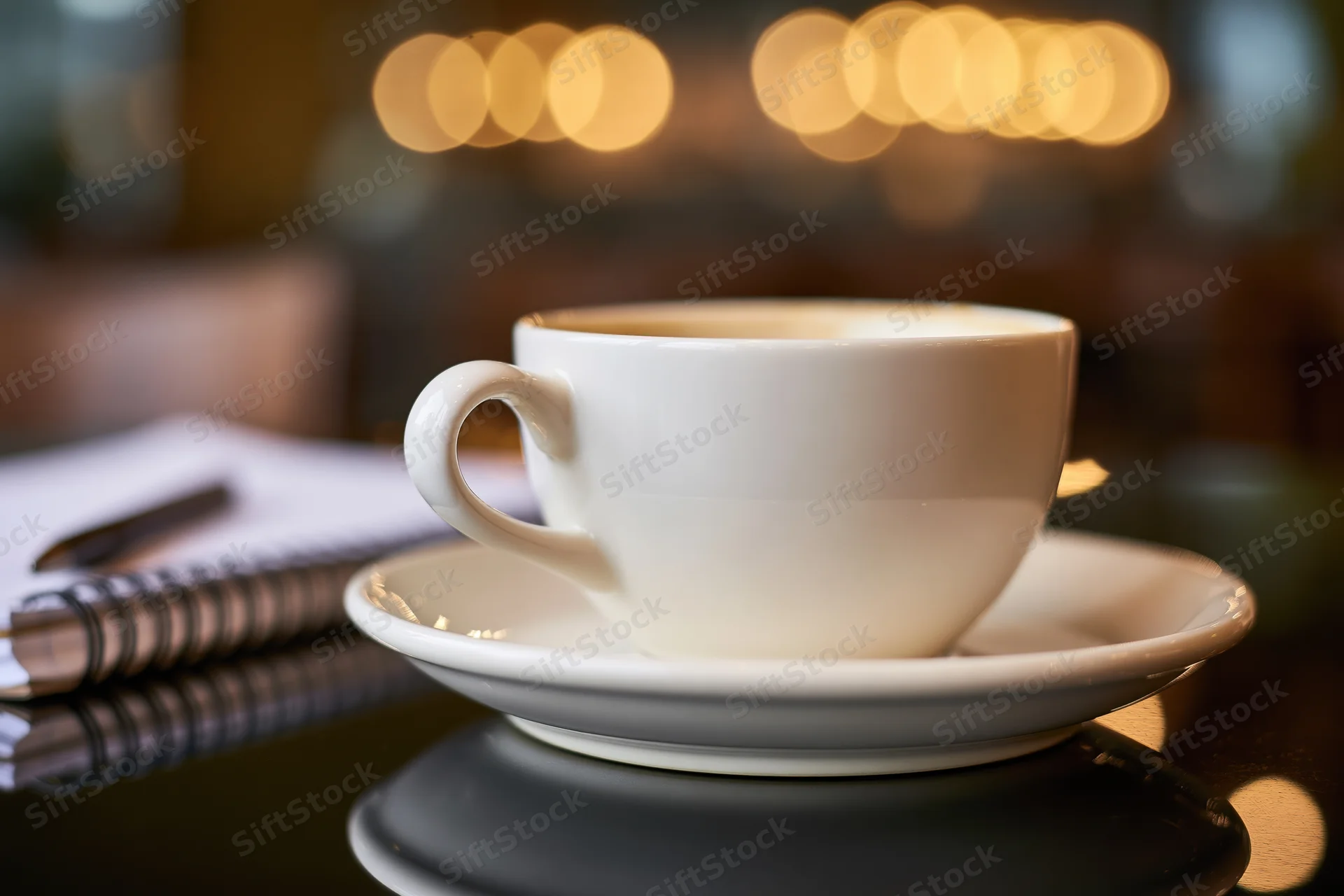 White ceramic coffee cup on saucer resting on dark reflective table with notebook and pen nearby
