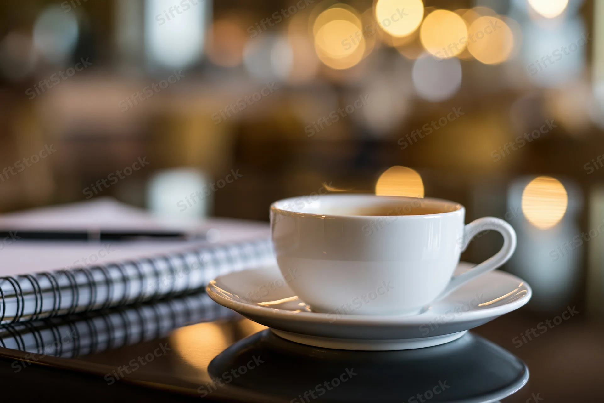 White ceramic coffee cup with steam on saucer beside notebook and pen on dark reflective table