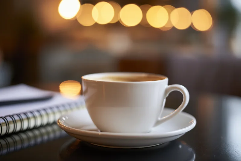 White ceramic coffee cup on saucer with notebook on dark table, warm bokeh lights in background