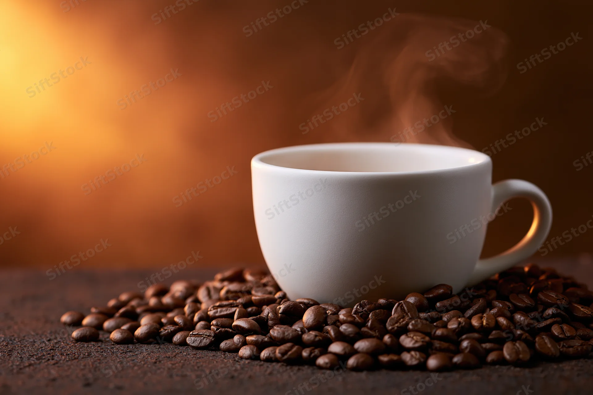 White ceramic coffee cup steaming on a pile of roasted coffee beans on dark surface
