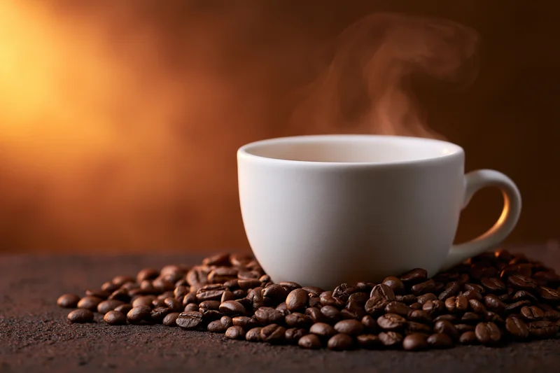 White ceramic coffee cup steaming on a pile of roasted coffee beans on dark surface