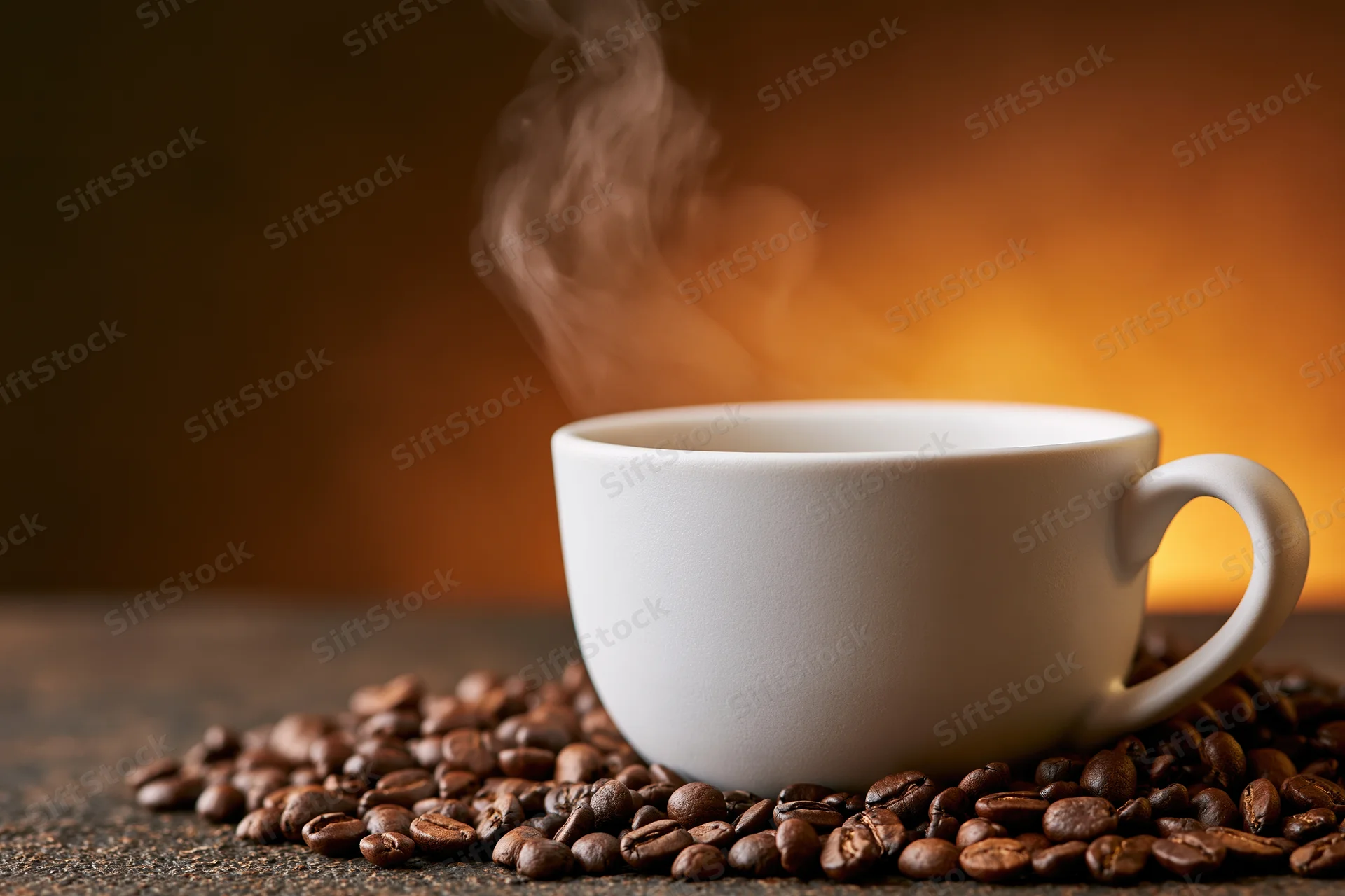 White ceramic coffee cup steaming on scattered roasted beans on dark surface