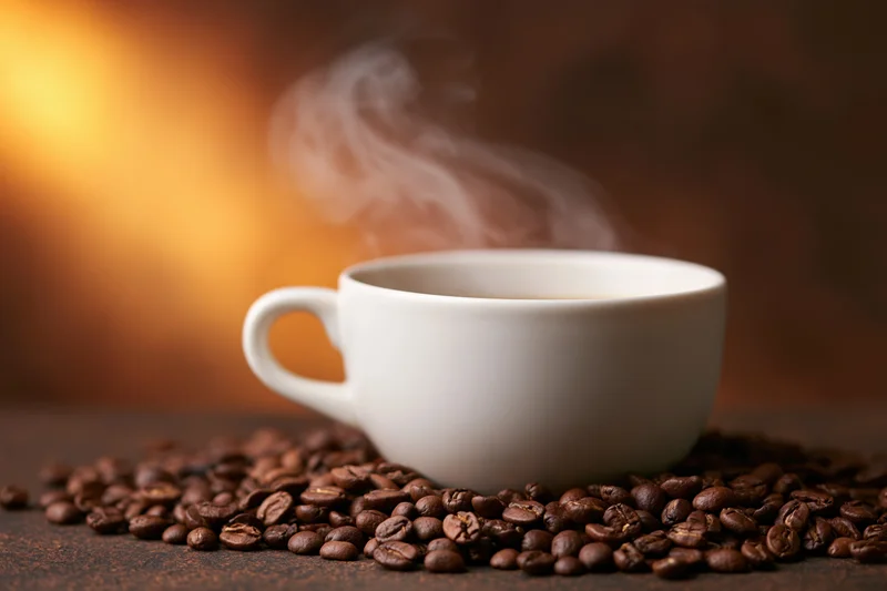 White ceramic coffee cup steaming on scattered roasted beans on dark surface
