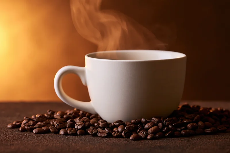 White ceramic coffee cup steaming on scattered roasted beans on dark surface