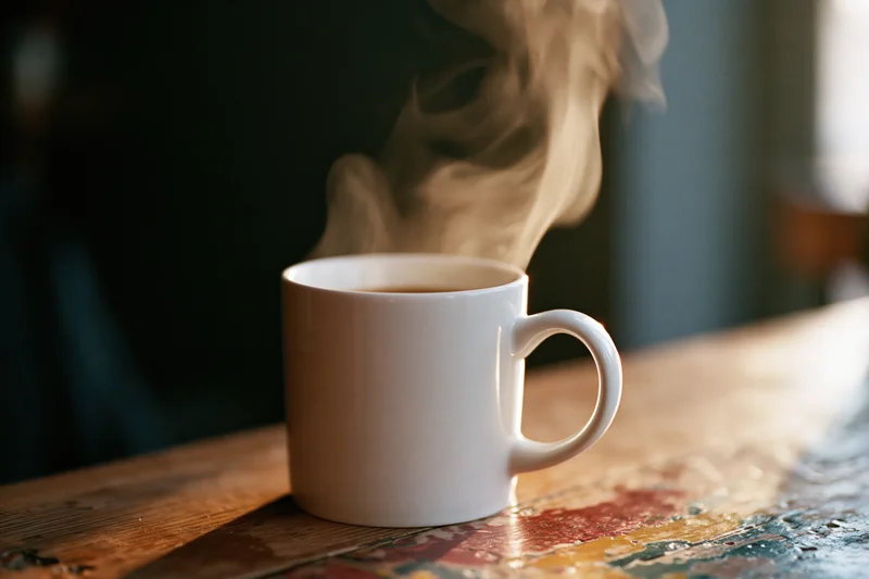 White ceramic coffee mug with rising steam on a worn wooden table