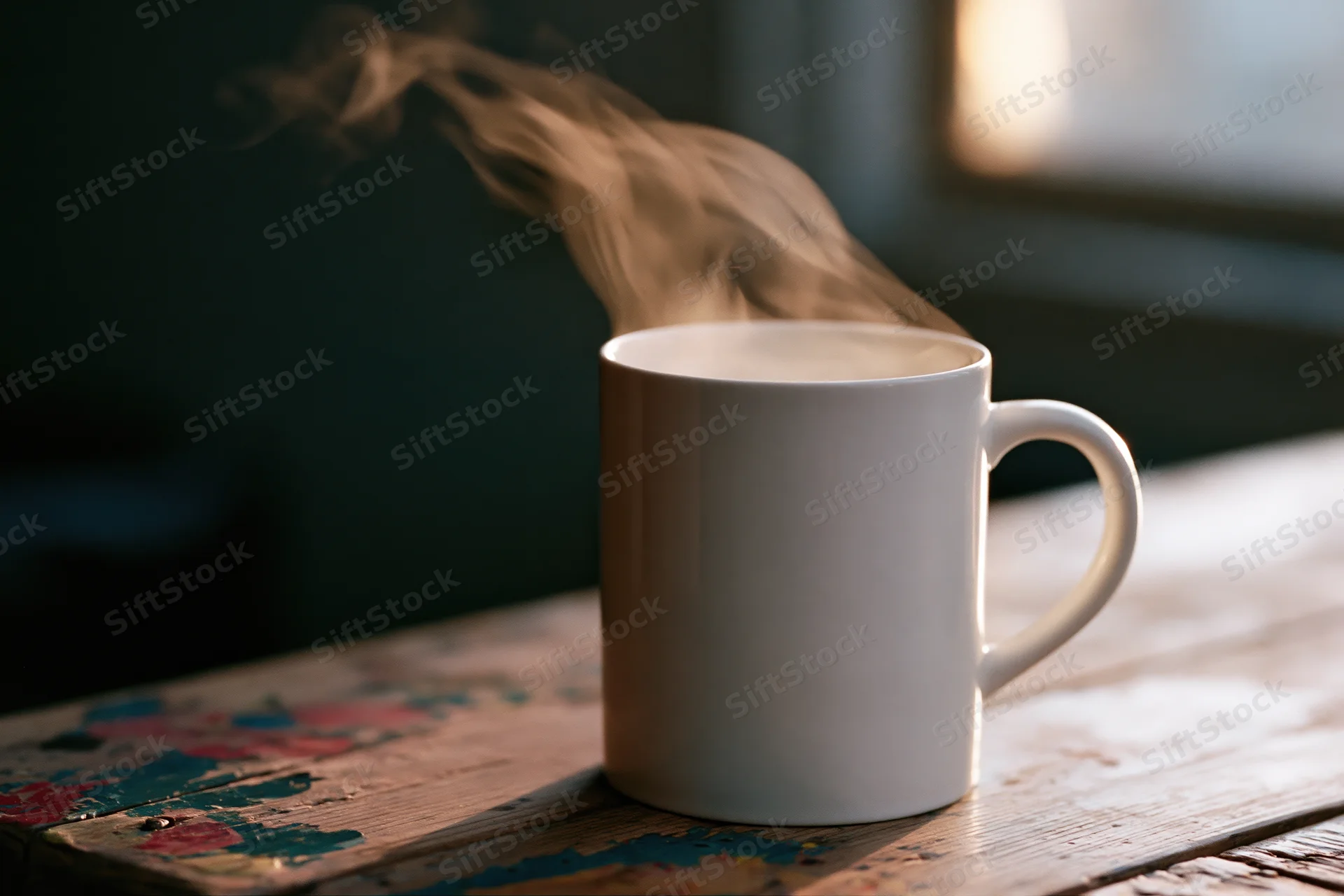 White ceramic coffee mug steaming on a worn wooden table with chipped paint and soft natural light