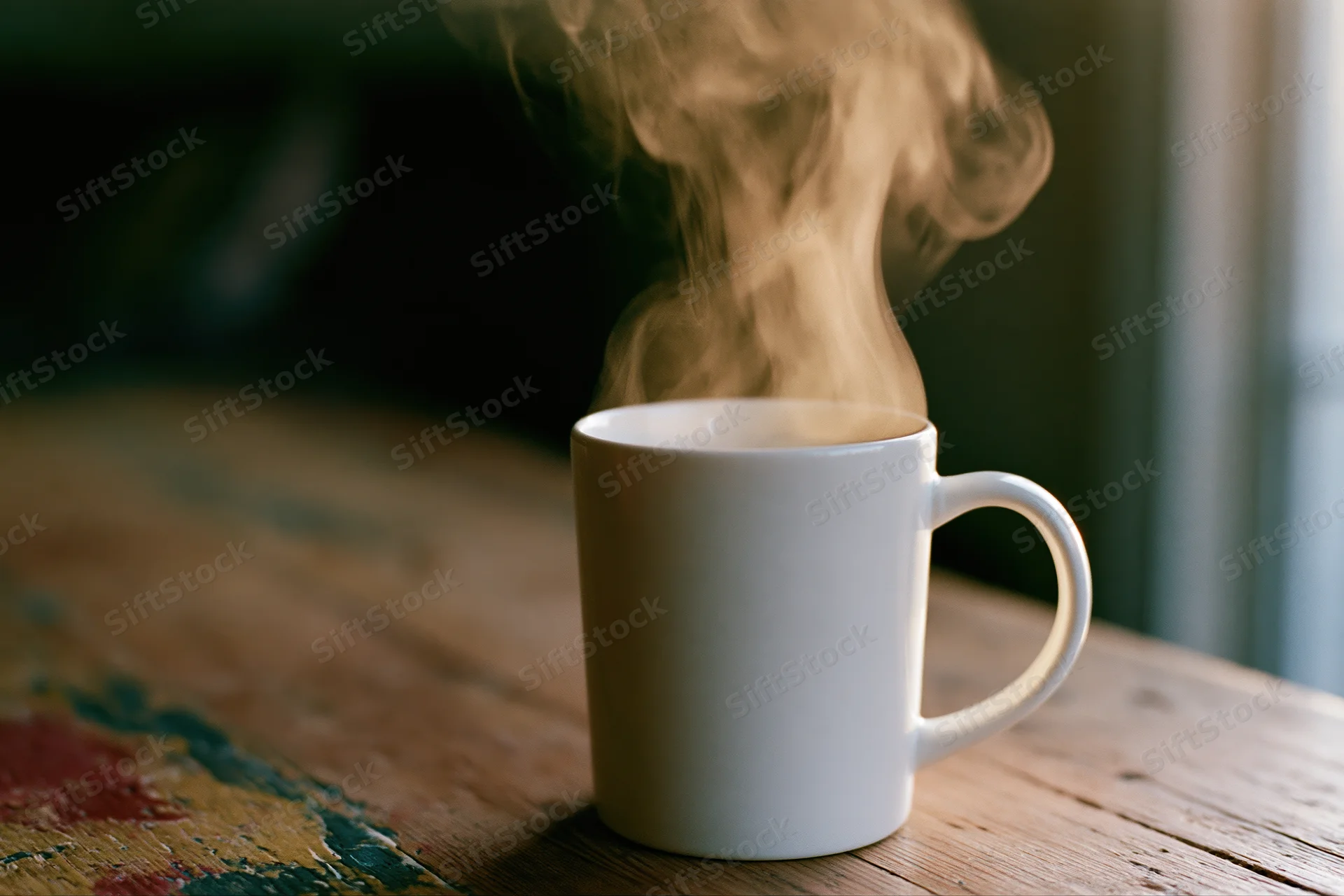 White ceramic mug with rising steam on a worn wooden table