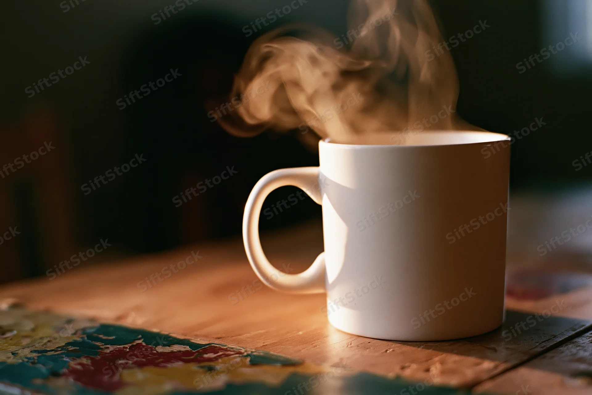 White ceramic coffee mug steaming on a worn wooden table with chipped paint and warm light