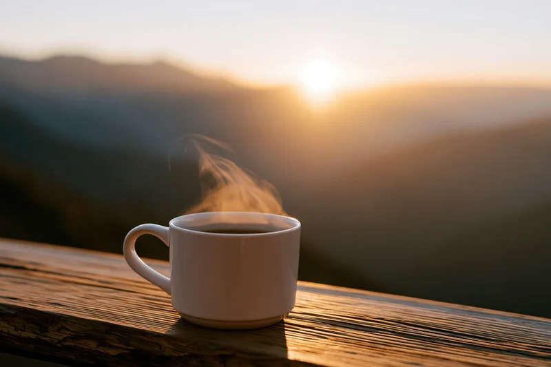 Steaming coffee mug on wooden railing overlooking mountain sunrise